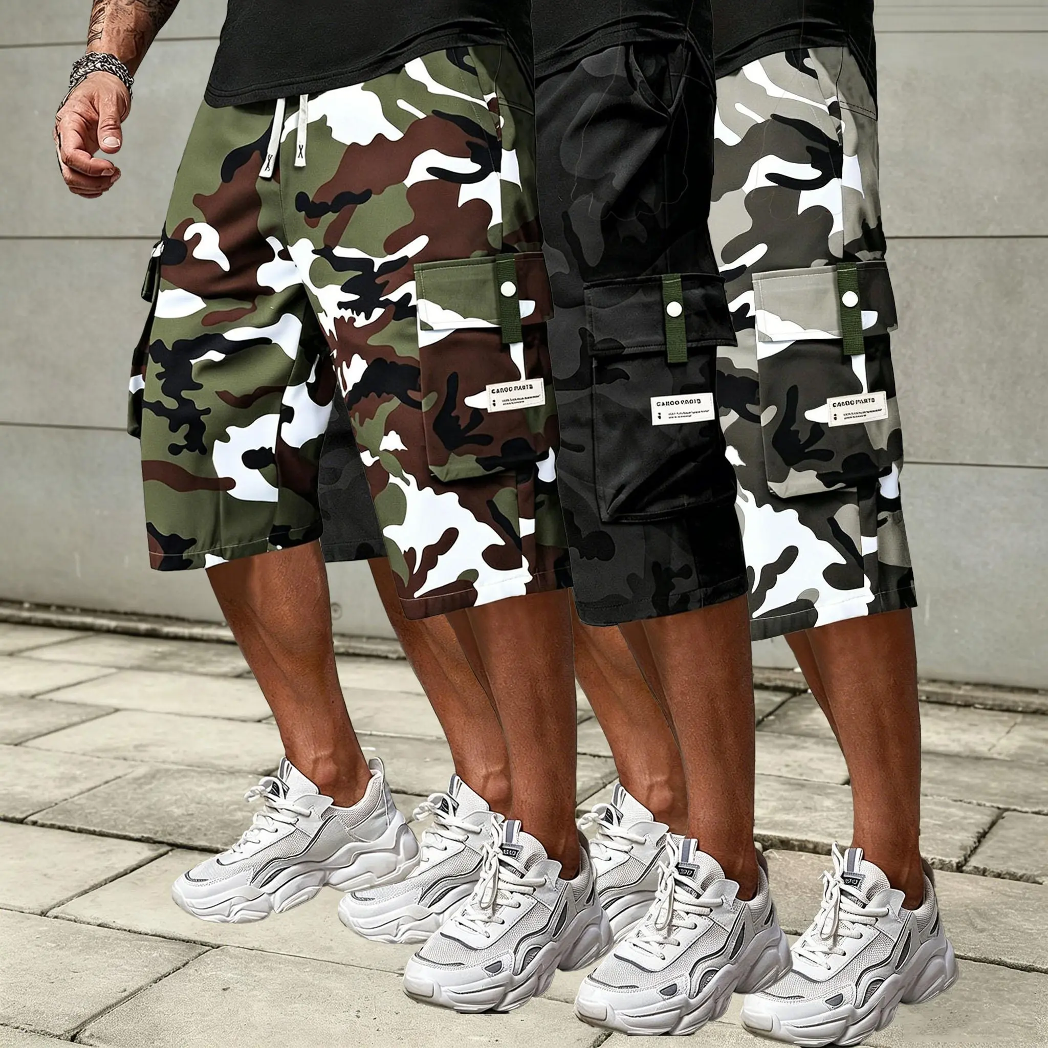 Men's 3-Pack Polyester Camo Cargo Capri Shorts - Mid Calf, Elastic Drawstring Waist, Multi Utility Flap Cargo Pockets, Lightweight Durable Camouflage Shorts for Summer Outdoor & Everyday Wear