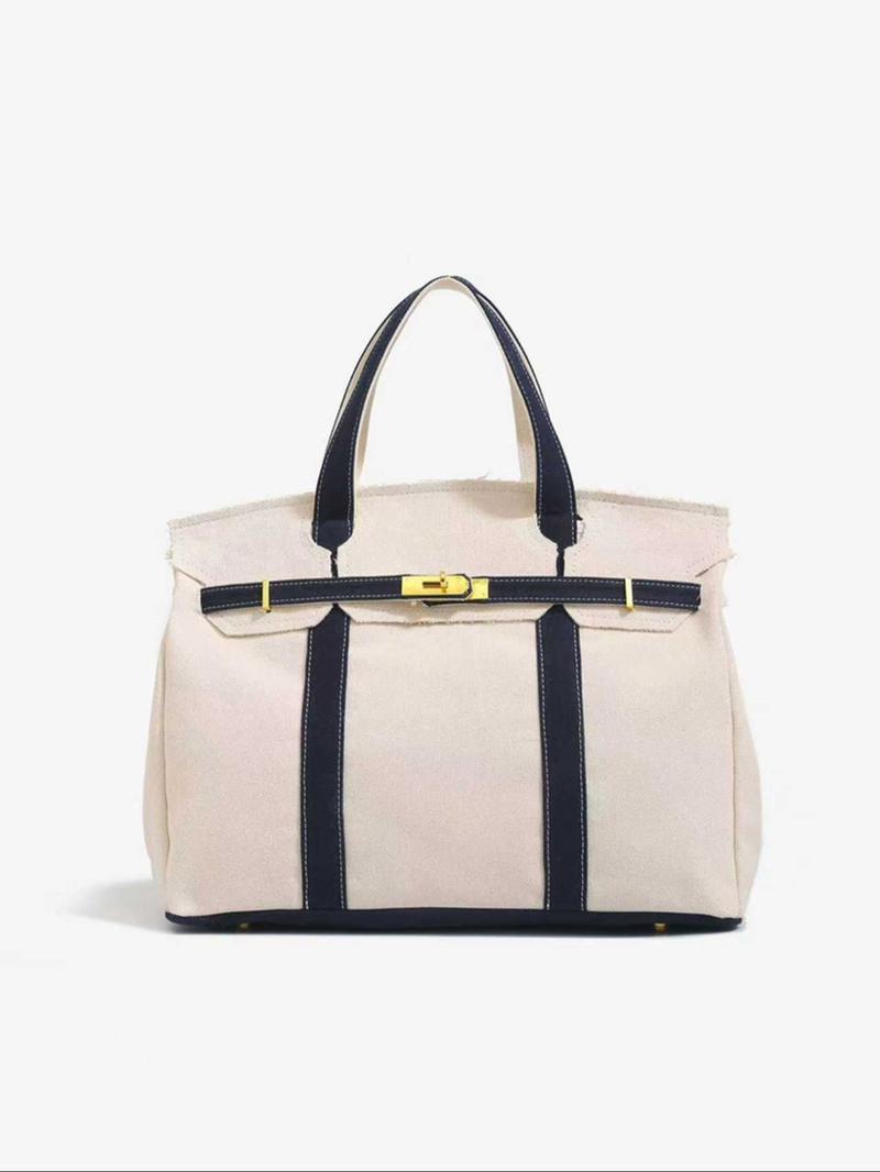 High-End Canvas Bag with Unique Design, Colorblock Handbag, Large Capacity Commuter Bag, Versatile Everyday Use
