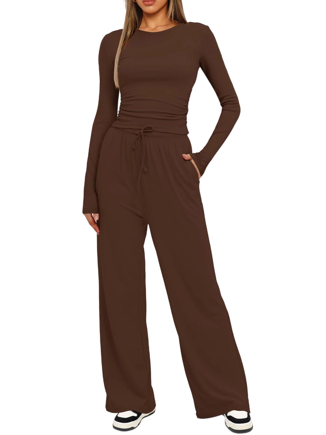 Women's Solid Ruched Drawstring Loungewear Set, Casual Long Sleeve Round Neck Top & Pocket Wide Leg Trousers, Spring Summer Sleepwear Pajama Set