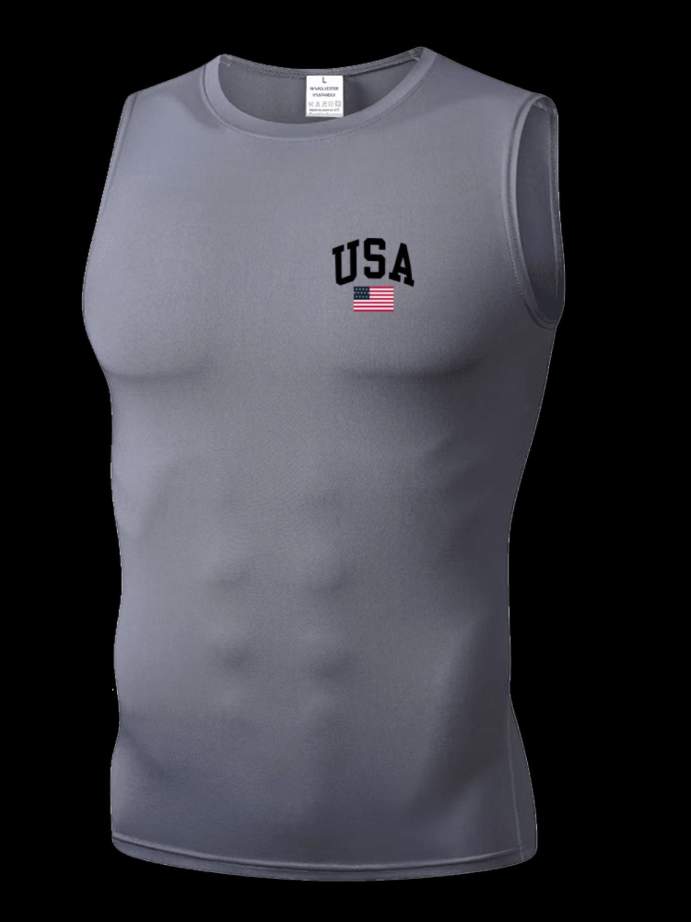 Men's Short Sleeve Sporty Slim-Fit Knitted Fabric, Usa Pattern Print, Breathable Moisture-Wicking, High Elasticity, Lightweight Design