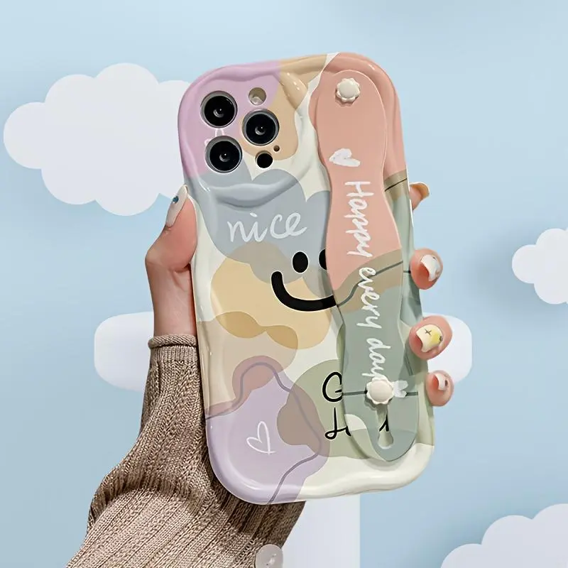 Phone Case - Colorful Block Smile White Cream Shell, Wrist Support Phone Case, Minimalist Design, Compatible with 16/16Plus/16Pro/16Promax/15/15Plus/15Promax/14/14Plus/14Pro/14Promax, 13/13Pro/13Promax, 12/12Pro/12Promax, 11/11Pro Max