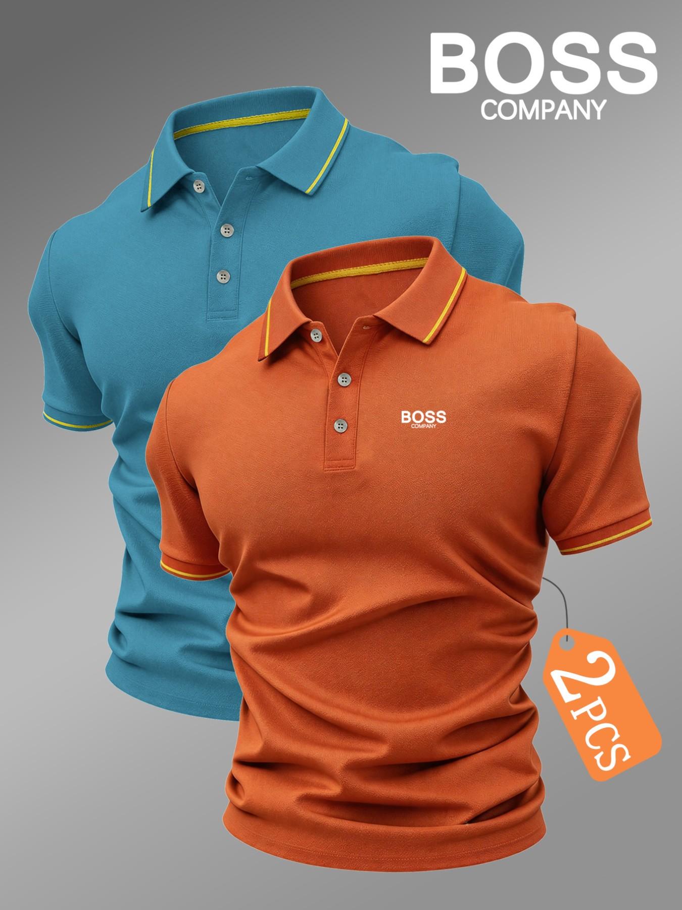 New Men's Golf Polo Shirt Set, Fashionable Boss Logo Print, Collared Stretch Casual Breathable All-Season Comfortable High-Quality Polo Casual Polo Shirts
