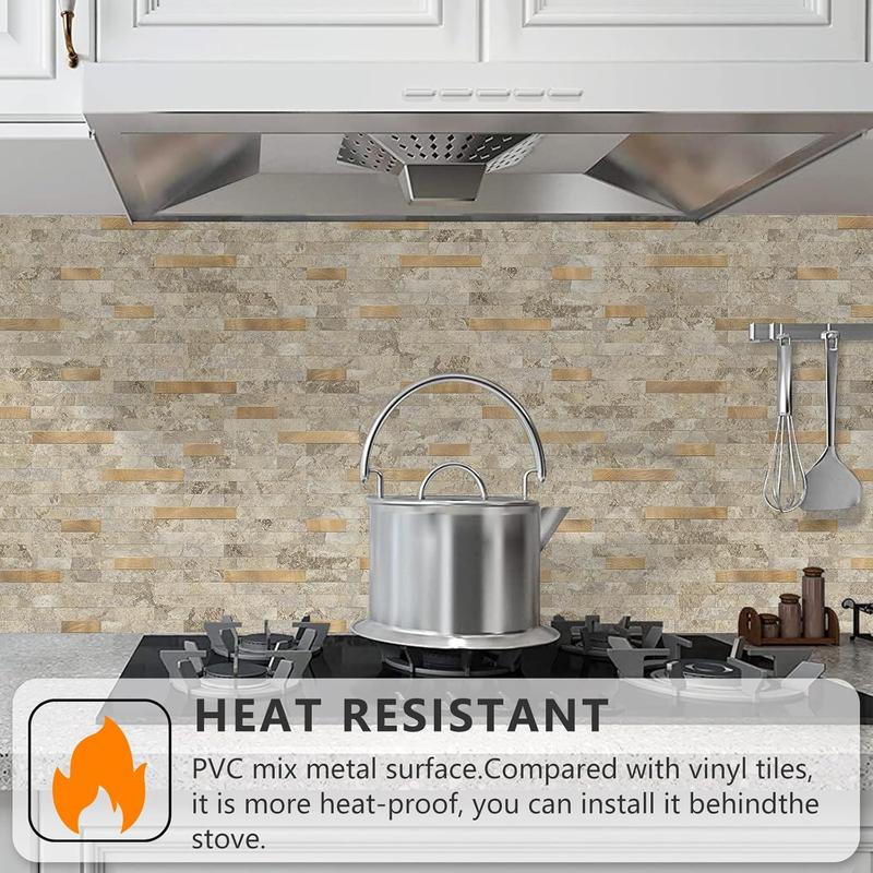 STICKGOO 10PCS Peel and Stick Backsplash, Stick on Backsplash for Kitchen/Bathroom, PVC Mixed Metal Gold Self Adhesive Wall Tiles Decorative Wallpaper
