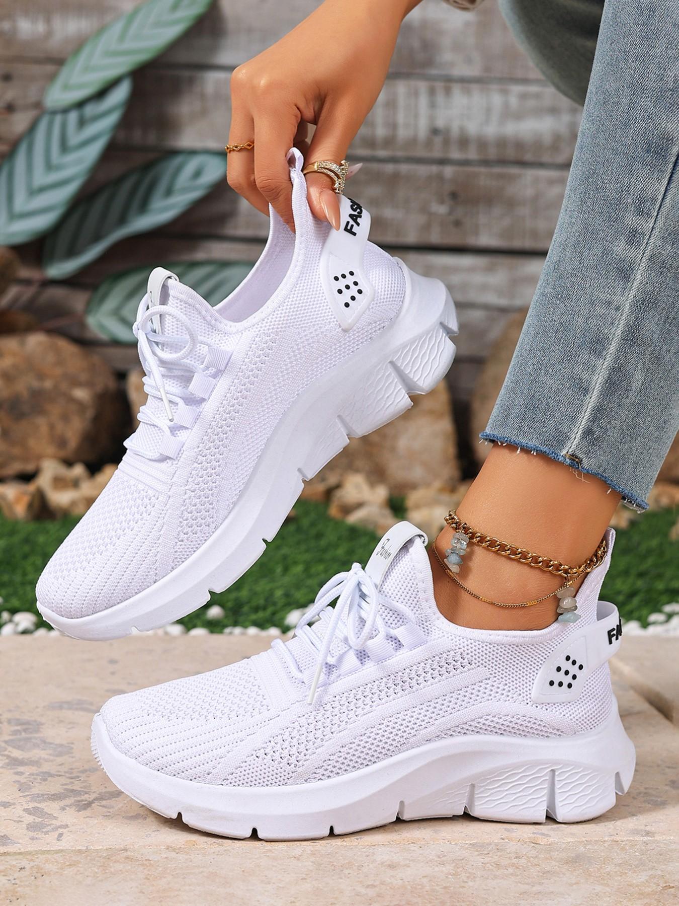 Women's White Knitted Running Sneakers - Spring/Summer New Arrival Breathable, Lightweight, Non-Slip Casual Shoes Athletic Running Shoes Suitable for Daily Outings, Fitness, and Travel