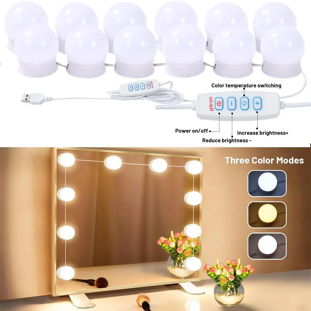 Vanity Mirror with Lights, Hollywood Mirror, Light Up Makeup Mirror with 12 LED Bulbs for Bedroom Desk, 3 Color Lighting Modes, Tabletop & Wall Mount, USB Charging Port,Gifts for Women Wife Teengirls White,dorm essentials,home decor