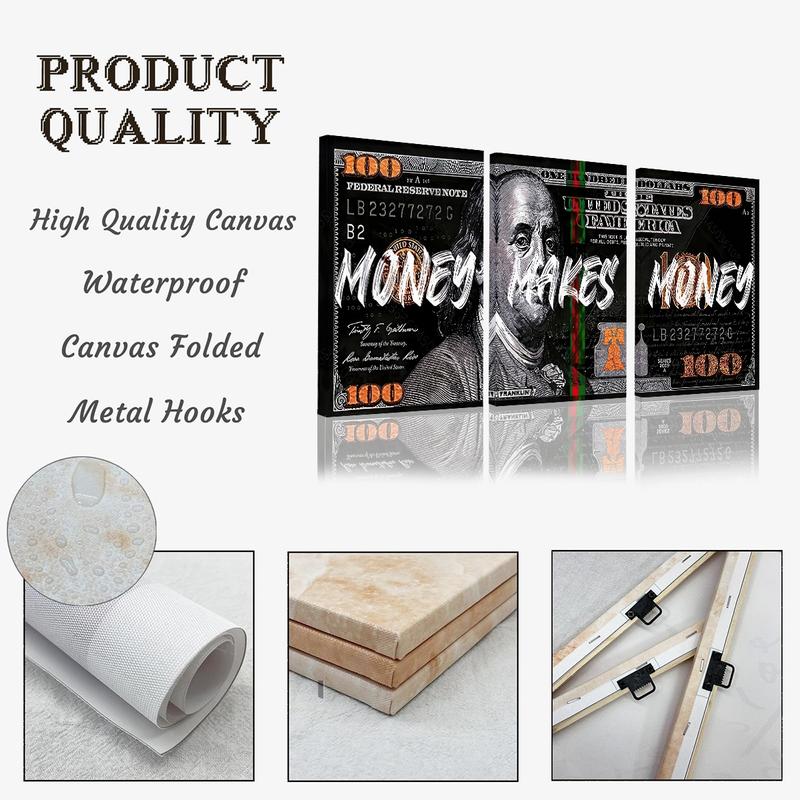 3 Counts/set Wooden Framed Money Makes Money Canvas Posters, Money Wall Art, Inspirational Dollar Bill Pop Art, Modern Home Decor, Wall Decor Living Room, Bedroom, Gift for Friends and Family, Waterproof Canvas, Wall Decor, Ready To Hang 3 Counts/set Wooden Framed Money Makes Money Canvas Posters, Money Wall Art, Inspirational Dollar Bill Pop Art, Modern Home Decor, Wall Decor Living Room, Bedroom, Gift for Friends and Family, Waterproof Canvas, Wall Decor, Ready To Hang