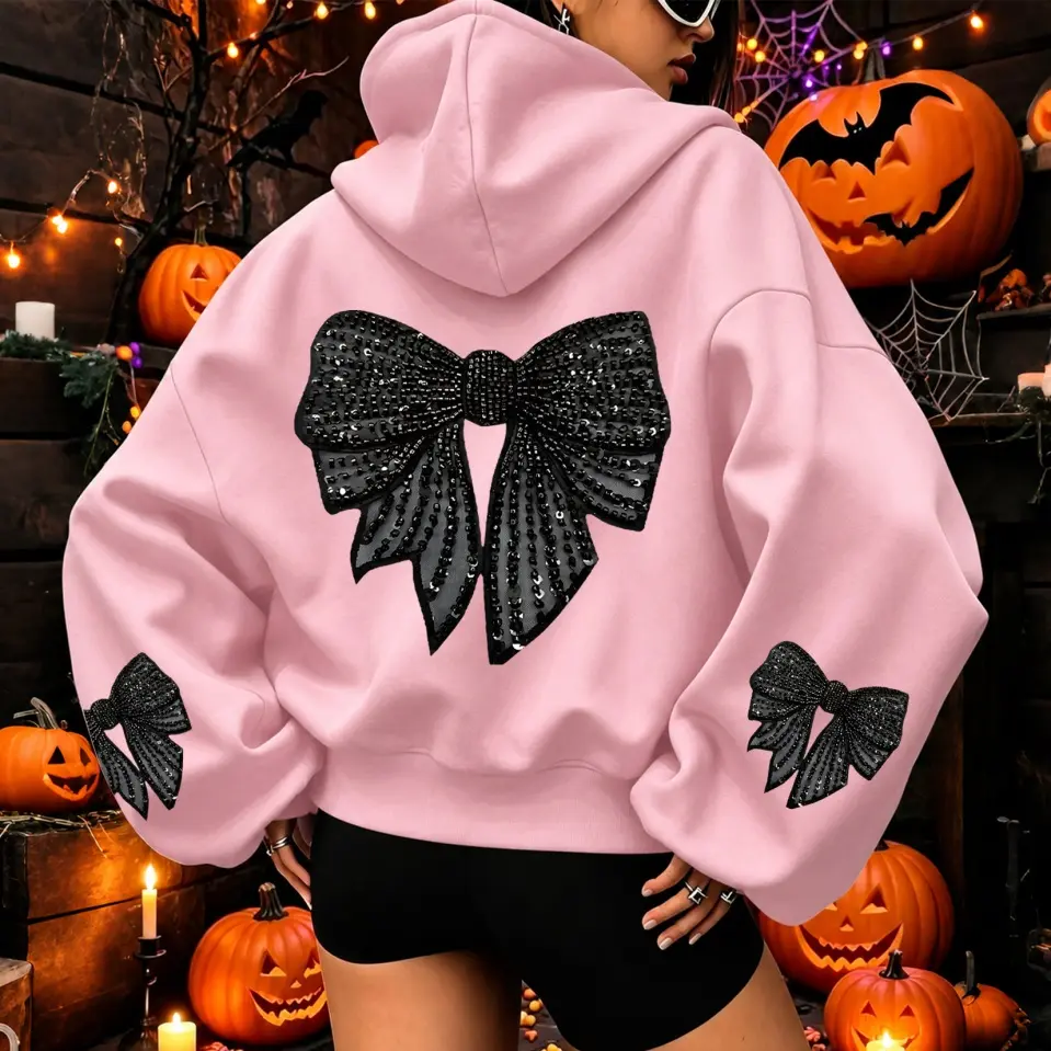 Women’s Minimalist Sequin Bow Print Oversized Hoodie - Polyester Casual Fabric, Soft Fleece, Breathable, Comfortable Long Sleeve Pullover Sweatshirt with Relaxed Fit for Fall Winter Outdoor Style
