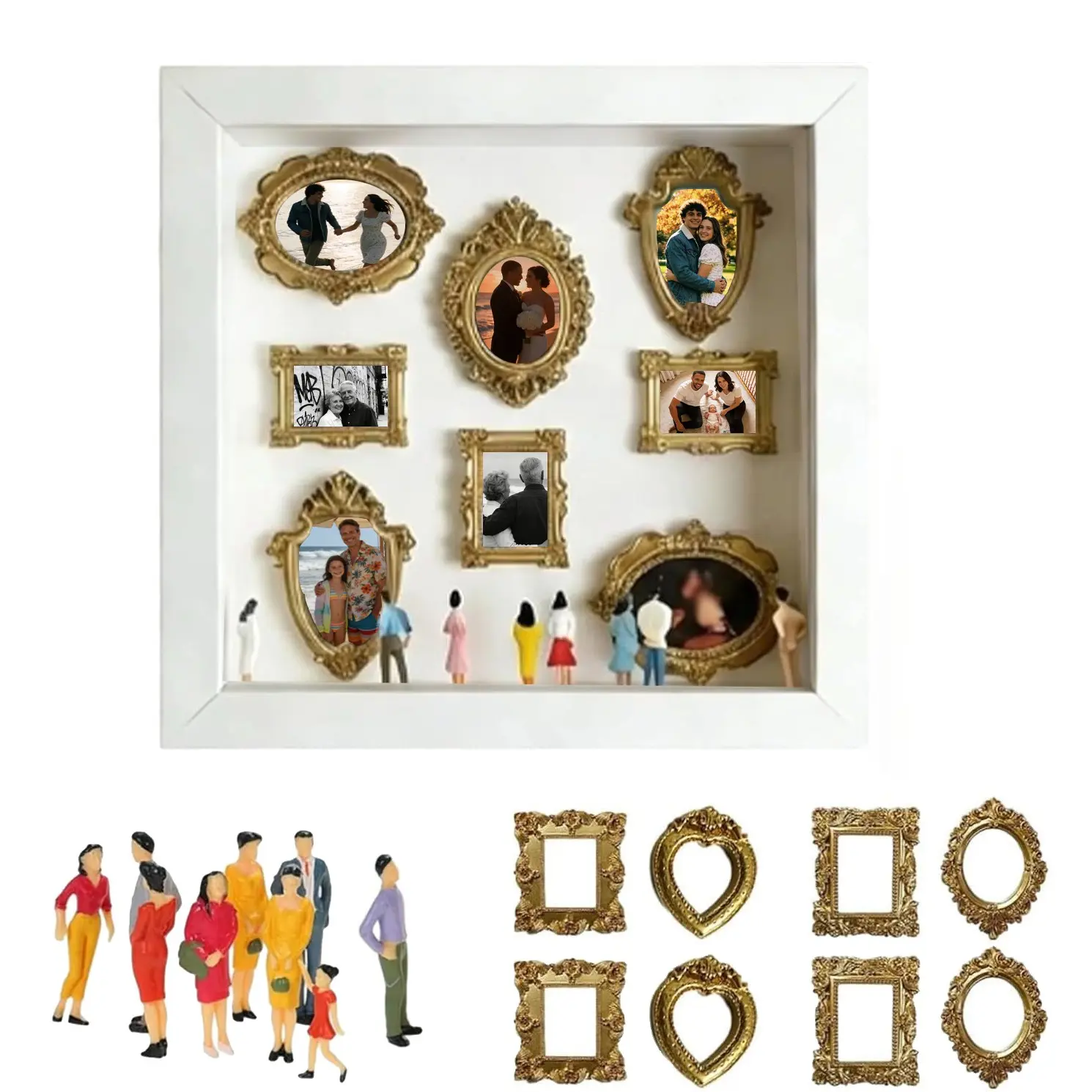 DIY Mini Museum Shadow Box Kit, Memory Keepsake Display Box with Mini Gold Frames & Miniature Figurines, Personalized Photo Display Craft Set, Stress Relief DIY Project, Home Decor Gift for Wedding, Birthday, Anniversary & Christmas