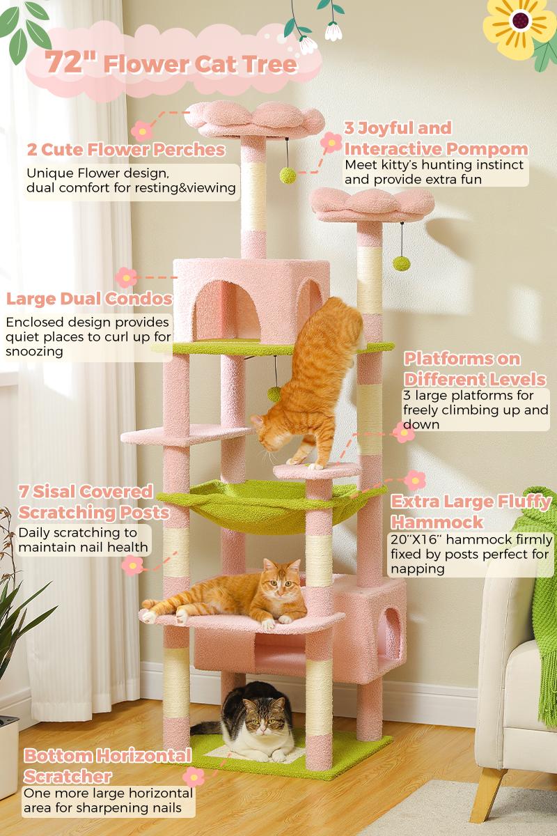 PAWZ Road Large 72 Inches Flower/Cactus Cat Tree & Tower for Indoor Cats with Sisal-Covered Scratching Posts Padded Perches Condos & Basket Gray/Dark Gray/Beige Vertical Scratcher 8-Level Structure