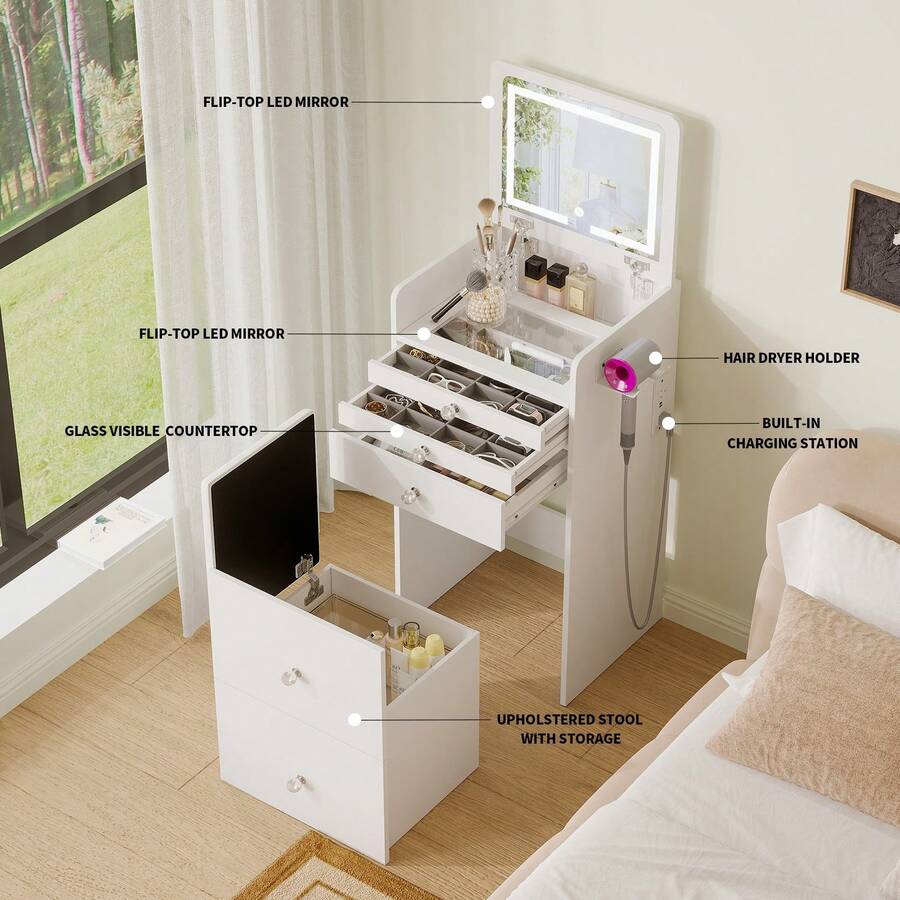 3-in-1 Compact Makeup Vanity Desk Flip LED Mirror Power Outlet 3 Drawers Storage Stool Small Dressing Table Gift for Women Girls