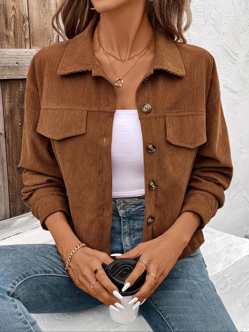 Women's Elegant Casual Corduroy Lapel Long Sleeve Single Button Coat, Fall Winter Fashion, Versatile Plain Color Outerwear