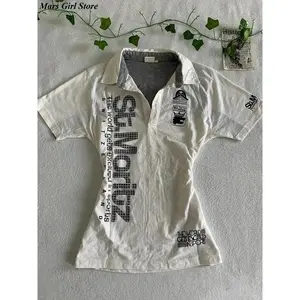 Y2K Japanese Streetwear Polo Shirt Women Slim Crop Tee 2026 White Short Sleeve Tops Letter Badge Houndstooth Vintage Harajuku