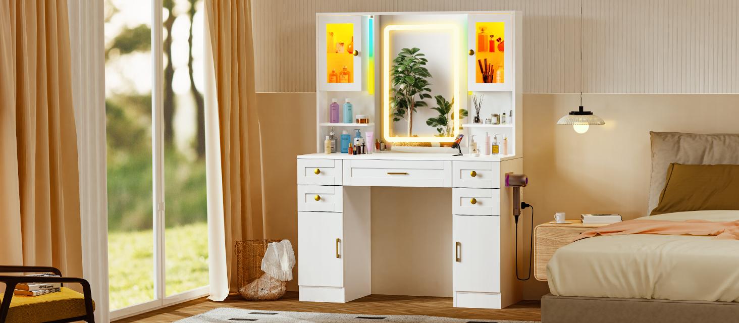 [Valentine's Day gift] LHBcraft Makeup Vanity with 16 RGB Colors LED Lights, Adjustable Dressing Table with LED Lights, Vanity Mirror Desk with Ample Storage& Charging Station