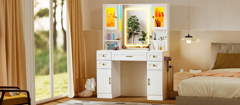 [Valentine's Day gift] LHBcraft Makeup Vanity with 16 RGB Colors LED Lights, Adjustable Dressing Table with LED Lights, Vanity Mirror Desk with Ample Storage& Charging Station