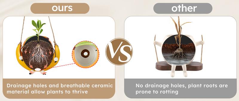 Cute Hanging Plant Pots: Planter Gift for Plant Lover - Swinging Smiley Succulent Ceramic Pot with Drainage Hole for Indoor Outdoor Christmas Gift