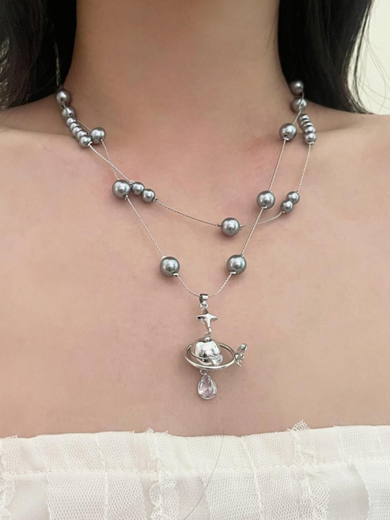 Elegant Rhinestone Saturn Pearl Pendant Necklace, French Luxury Style Choker Chain, Unique Fashion High-End Jewelry for Women