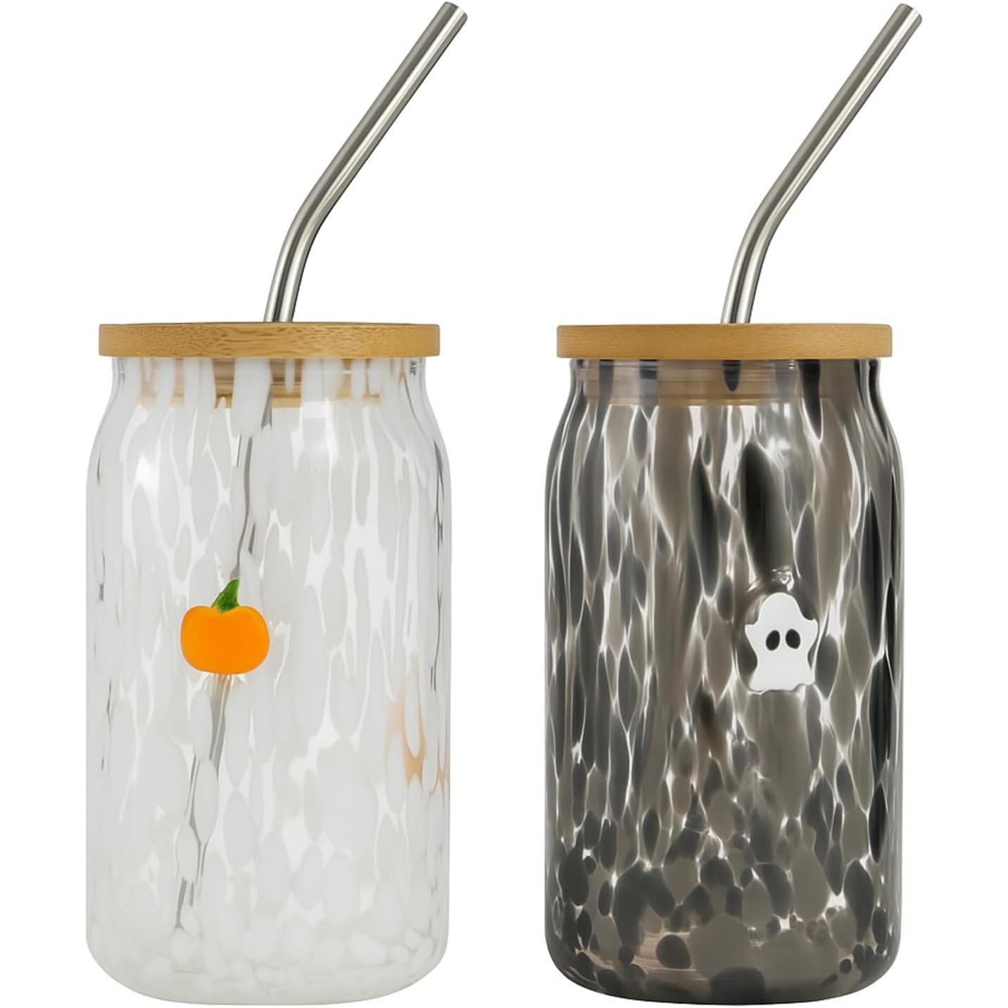 2 count Icon Juice Glass Tumbler-18 oz Icon Can Shape Glass Cups with Lid and Straws, Coffee, , Soda, Juice, Summer Drinking for Halloween Christmas Party Favors ( and Pumpkin)