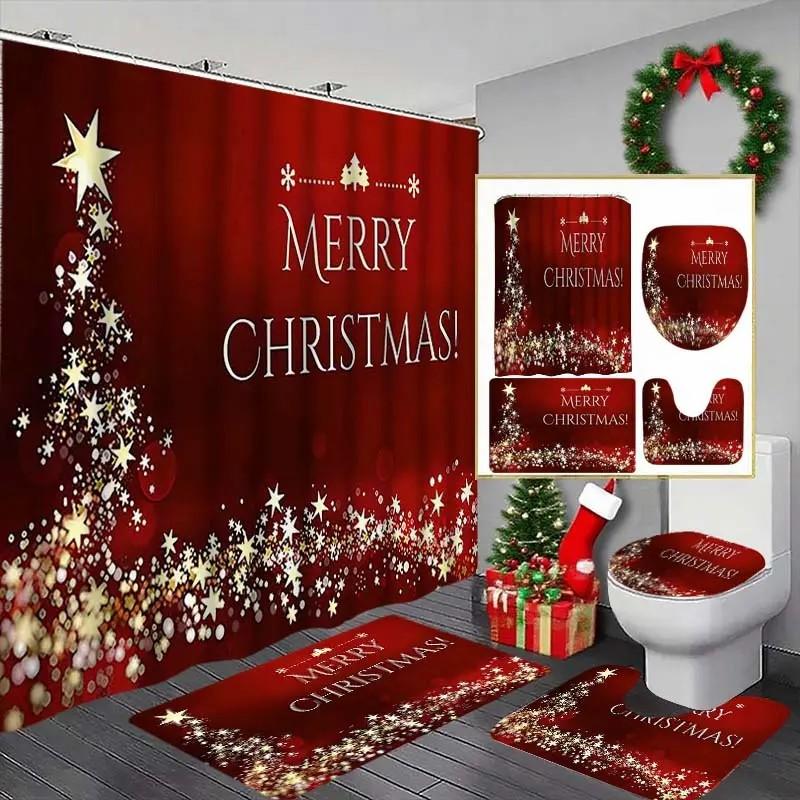 1/4pcs Christmas Holiday Theme Shower Curtain Set, Tree Design, Includes Bath Mat, Toilet Seat Cover, U-Shaped Pad, Perfect Gift, 12 Hooks Included, Bathroom Decoration Accessories