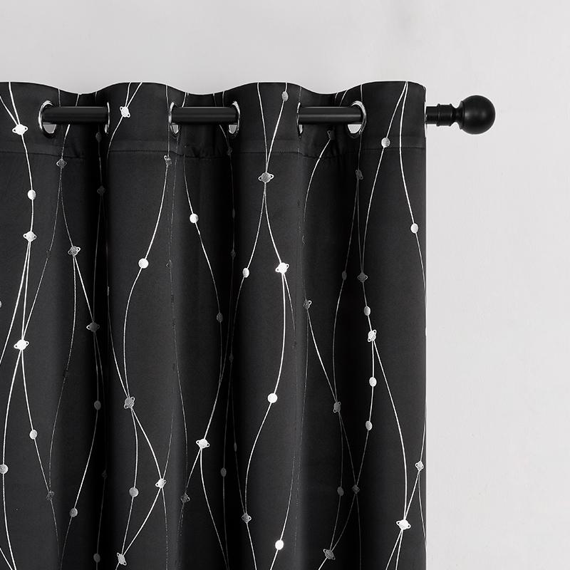 2-Panel 52×96 In Blackout Curtains - Black with Silver Wave Dot Print, Polyester Foil Thermal Insulated, Noise Reducing Rod Pocket Drapes for Living Room Decor, Modern Dark Tones Bedroom
