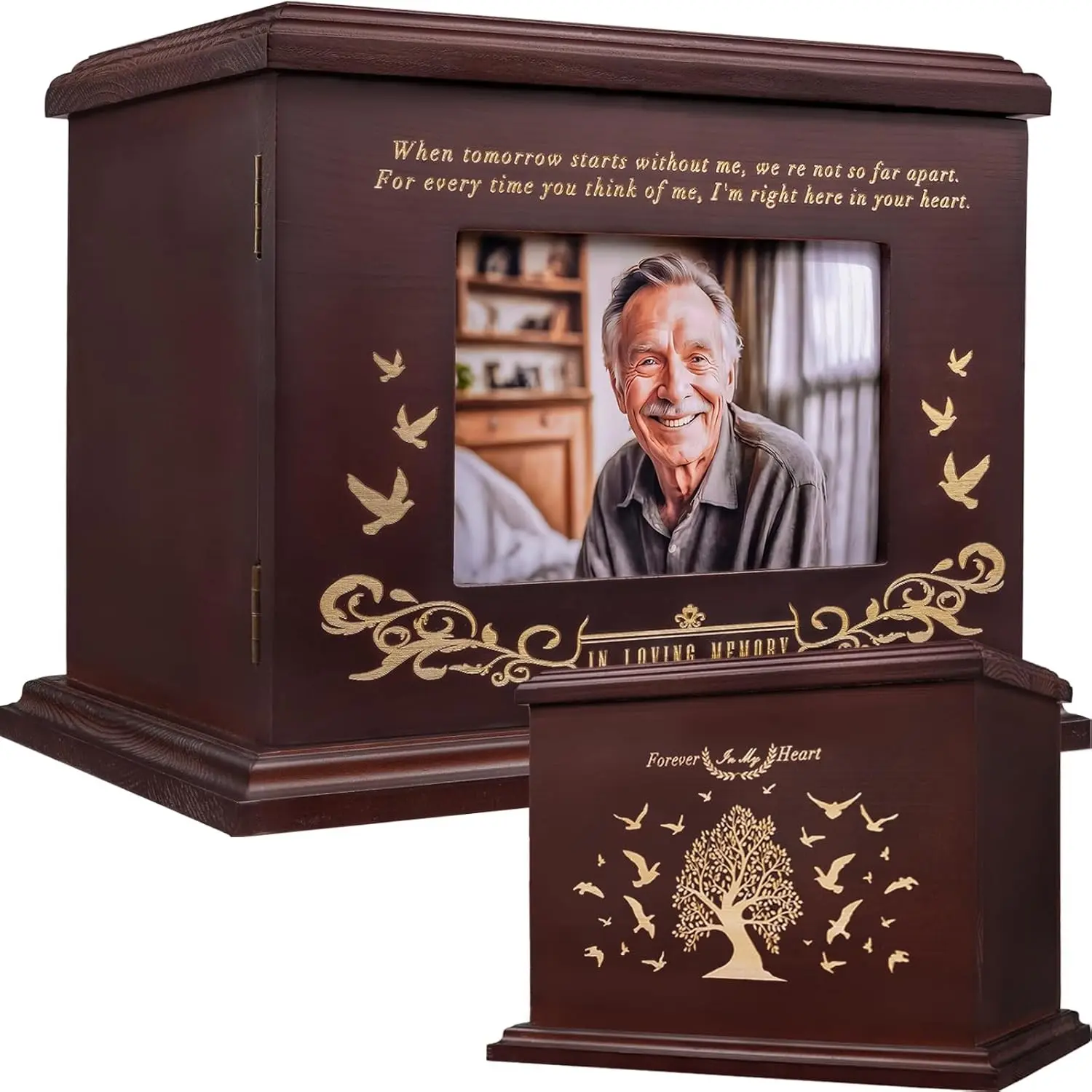 Wooden Cremation Urn for Human Ashes with Picture Frame, Memorial Urn Box & Casket for Adult Men Women Child, Holds 255 lbs, WalnutGift