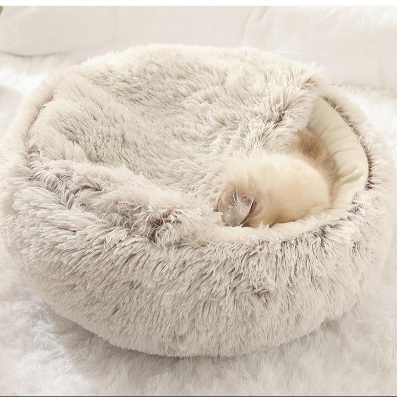 Half-Enclosed Cat Bed with Cover, Soft Pet Dog Bed, Autumn Winter Warm Short Plush Pet Bed for Dogs and Cats, PP Cotton Fabric, Bed Built Kennel