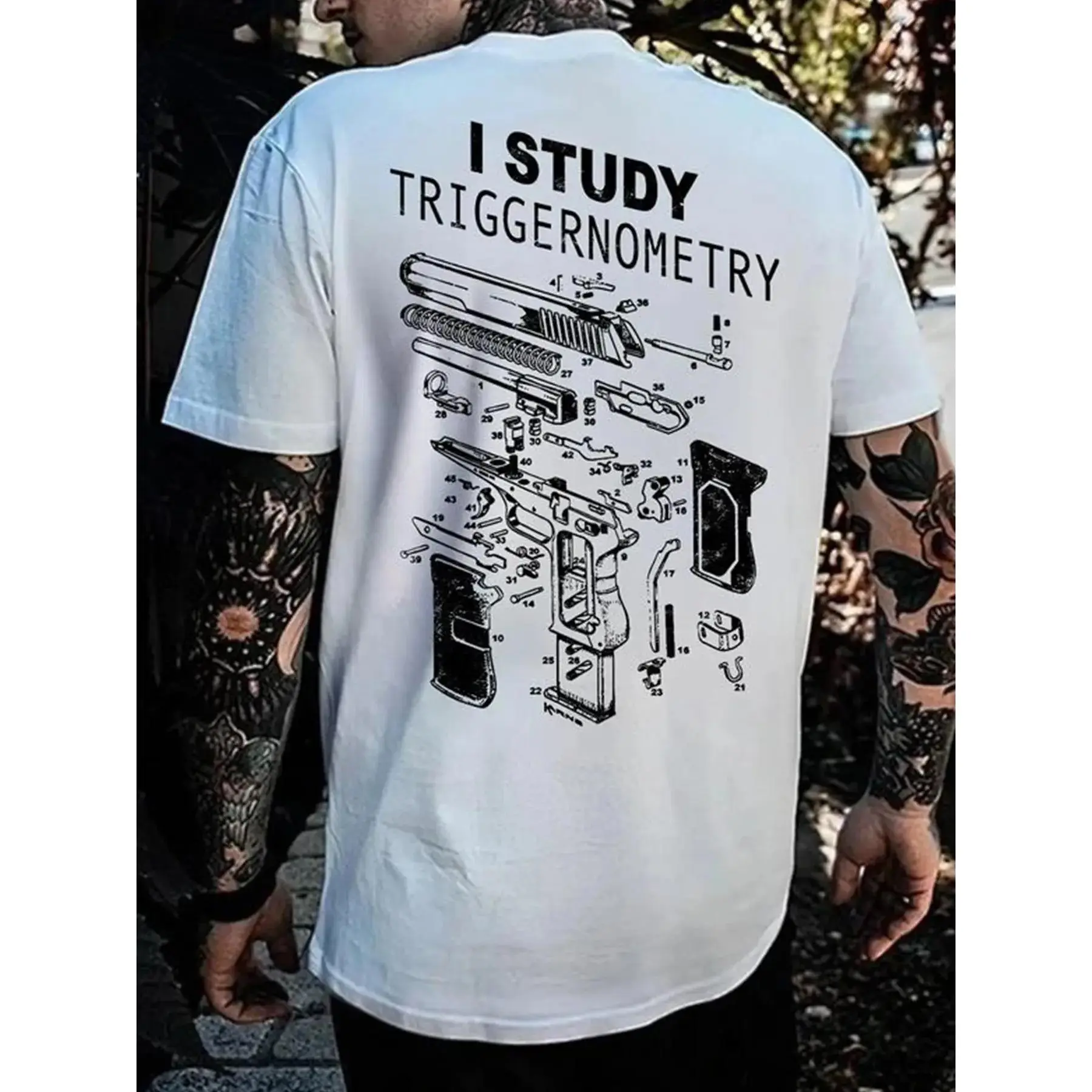 I Study Triggernometry Gun Breakdown Schematic Graphic T-Shirt, Firearms Lover Tactical Tee, Vintage Gun Blueprint Apparel, Unisex Cotton Shirt Gift For Gun Enthusiasts Men Women LK00144TD