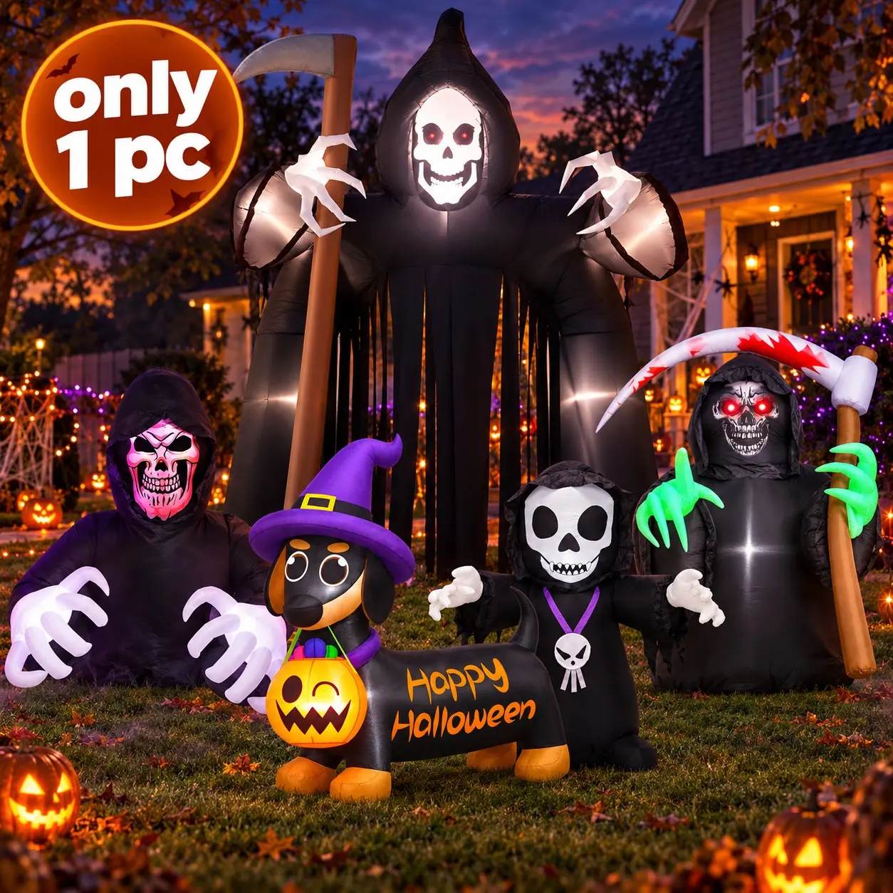 Halloween Outdoor LED Inflatable Decorations, Skull Reaper Scythe Ghost Arch Pumpkin Dog Ghost Spider Vampire, Party Scene Setup