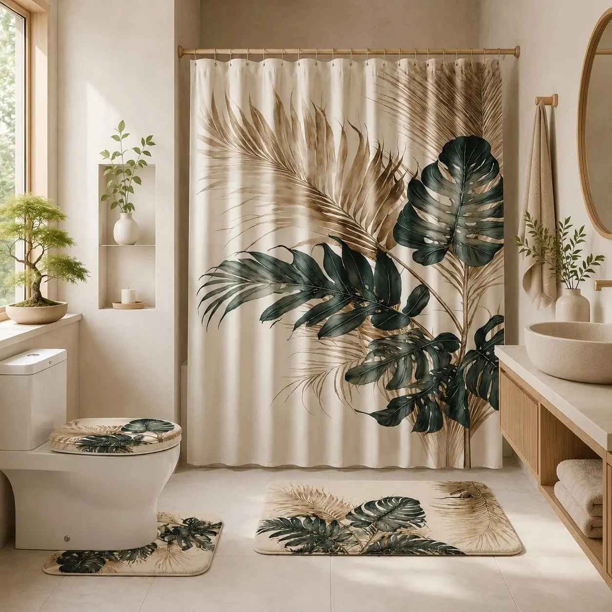 4pcs Gold & Green Tropical Leaf Theme Bathroom Set, Includes Shower Curtain, Bath Mat, U-Shaped Toilet Mat, Toilet Lid Cover, Waterproof Shower Curtain,  Modern Style Bathroom Divider Curtain, No Drilling Required, Made Of Polyester, Machine Washable
