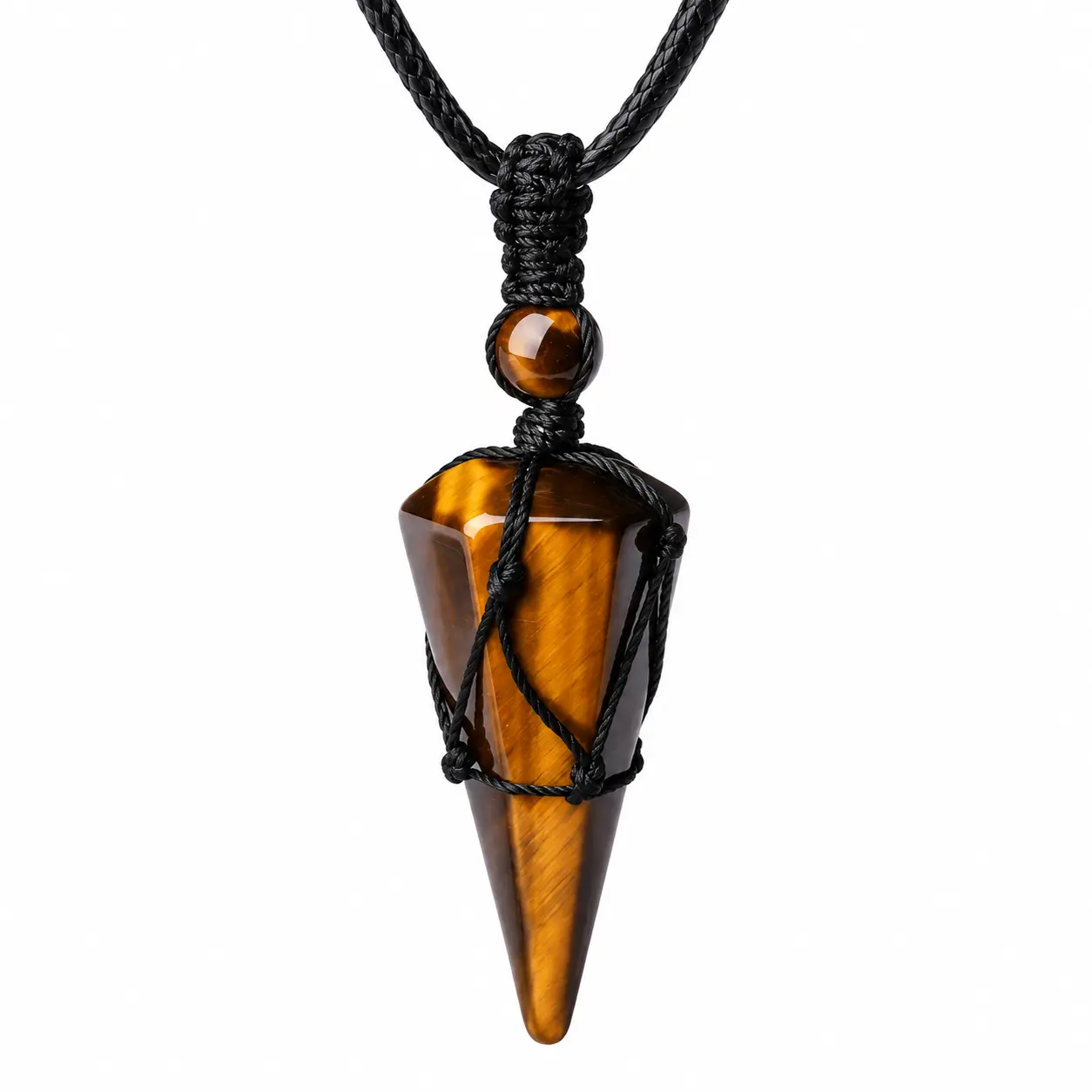 Tiger Eye Pendant Necklace for Men - Adjustable Black Wax Cord, 3.5 cm Faceted Cone, Hand-Knotted Macrame, Brown Gold Bead, Lightweight Vintage Bohemian Necklaces, Unisex Casual Everyday Fashion Accessory