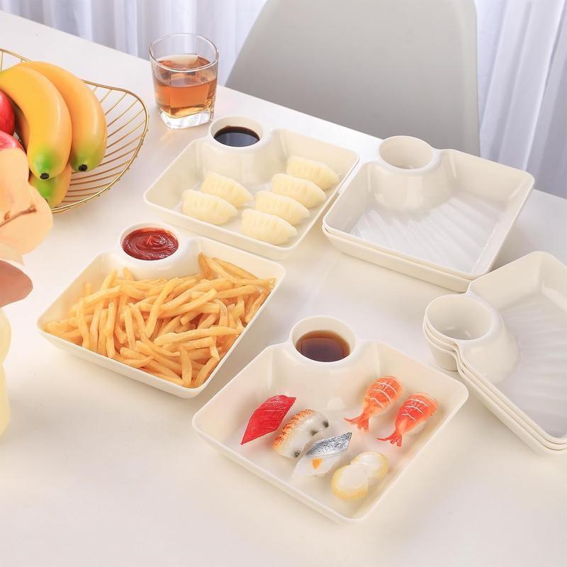 4pcs PP Divided Plate Large Dumpling Dish with Vinegar Bowl, American Style Tableware, Home Square Watermelon Plate, Salad Serving Plates, Heat Resistant