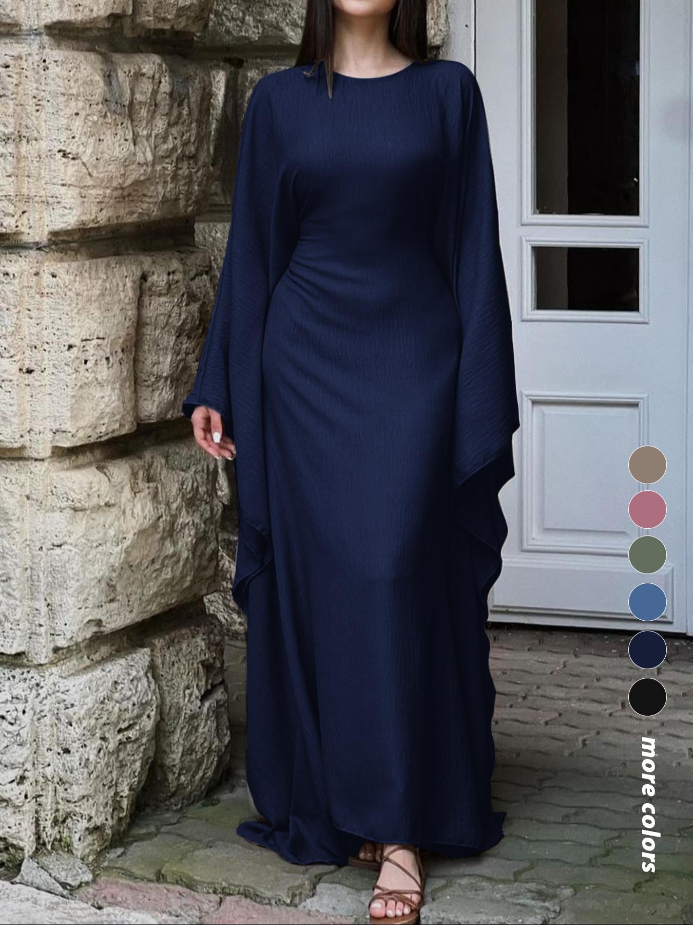 Women's Solid Color Loose-Fitting Batwing-Sleeve Long Dress, Casual Everyday Wear, Casual Daily Outfit, Womenswear, Minimalist Chic Summer Woven Fabric Dress, Perfect for Relaxed Outings