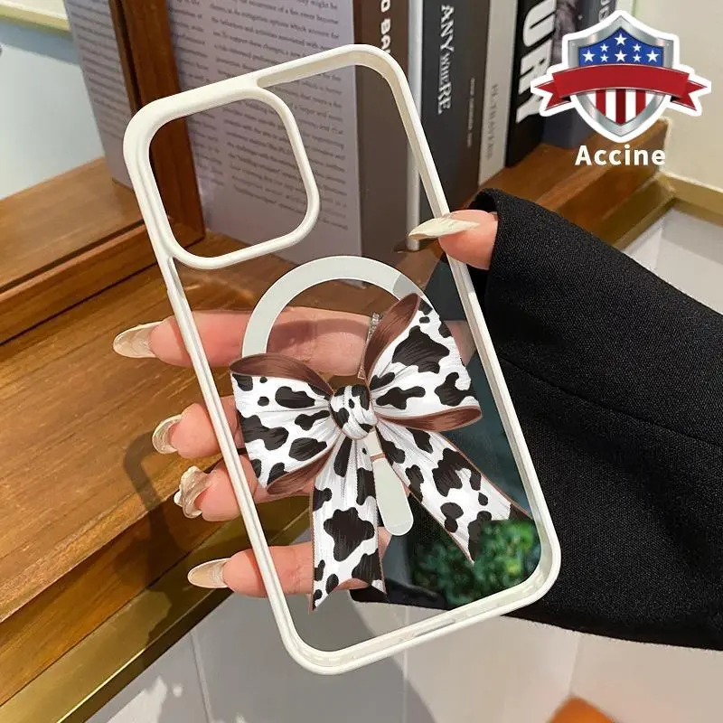Magnetic Soft Cellphone Case for iPhone 18/17 Pro Max/16 Plus/15/14/13/12/11/Air/E, Transparent Acrylic Casing, Cow Print Bow, Non-Yellowing Silicone Cover, Drop-Shockproof, Raised Bezels, Strong Magnet Hold, MagSafe Snap-On, Wireless Charging Support