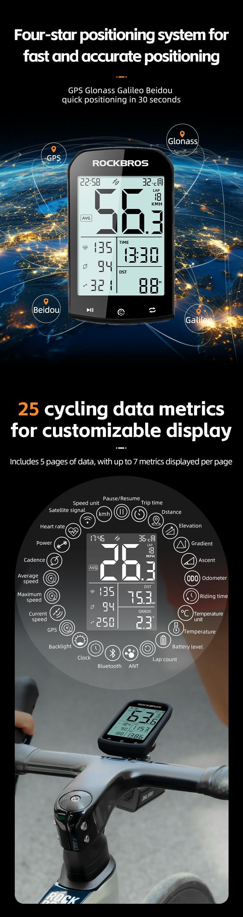 ROCKBROS Bike Computer Wireless Cycling Computers ANT+ Bluetooth Bicycle Computer Mini Speedometer Odometer Waterproof 2.9inch LCD Screen GPS/BDS/Galileo Position System