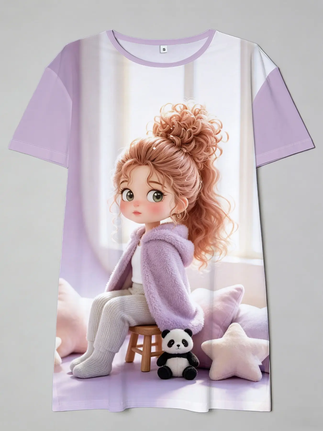 Women's Summer 3D Effect Round Neck Sleepwear, Cartoon Panda Print, Soft Breathable Loose Fit, Comfortable Casual Home Wear