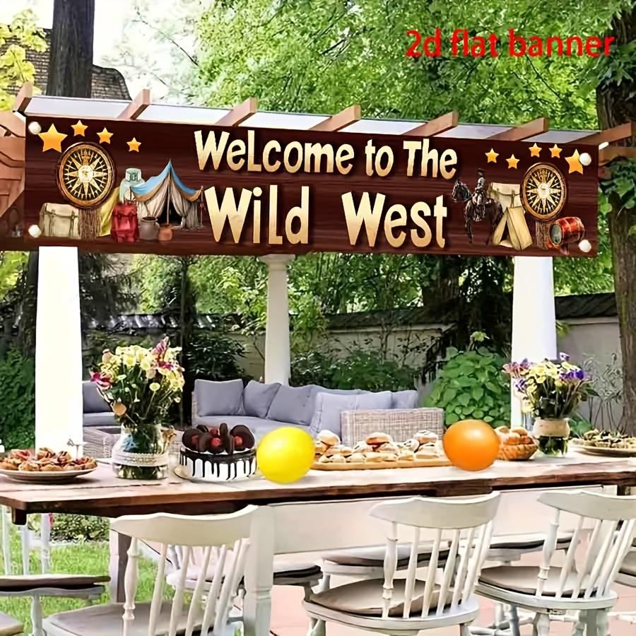 2DFlat1pc Western Cowboy Style Themed Banner Backdrop, With Vintage Wood Texture, Cowboy Tent & Compass Elements, Ideal for Western Themed Party, Cowboy Birthday, Camping Themed Event, Retro Tavern Decoration, Also as Wall Hanging or Photo Background,