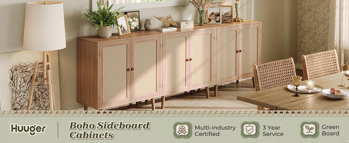 Huuger Buffet Cabinet with Storage, Storage Cabinet with PE Rattan Decor Doors, Media Console with Solid Wood Feet, Sideboard Cabinet for Hallway, Entry, Living Room