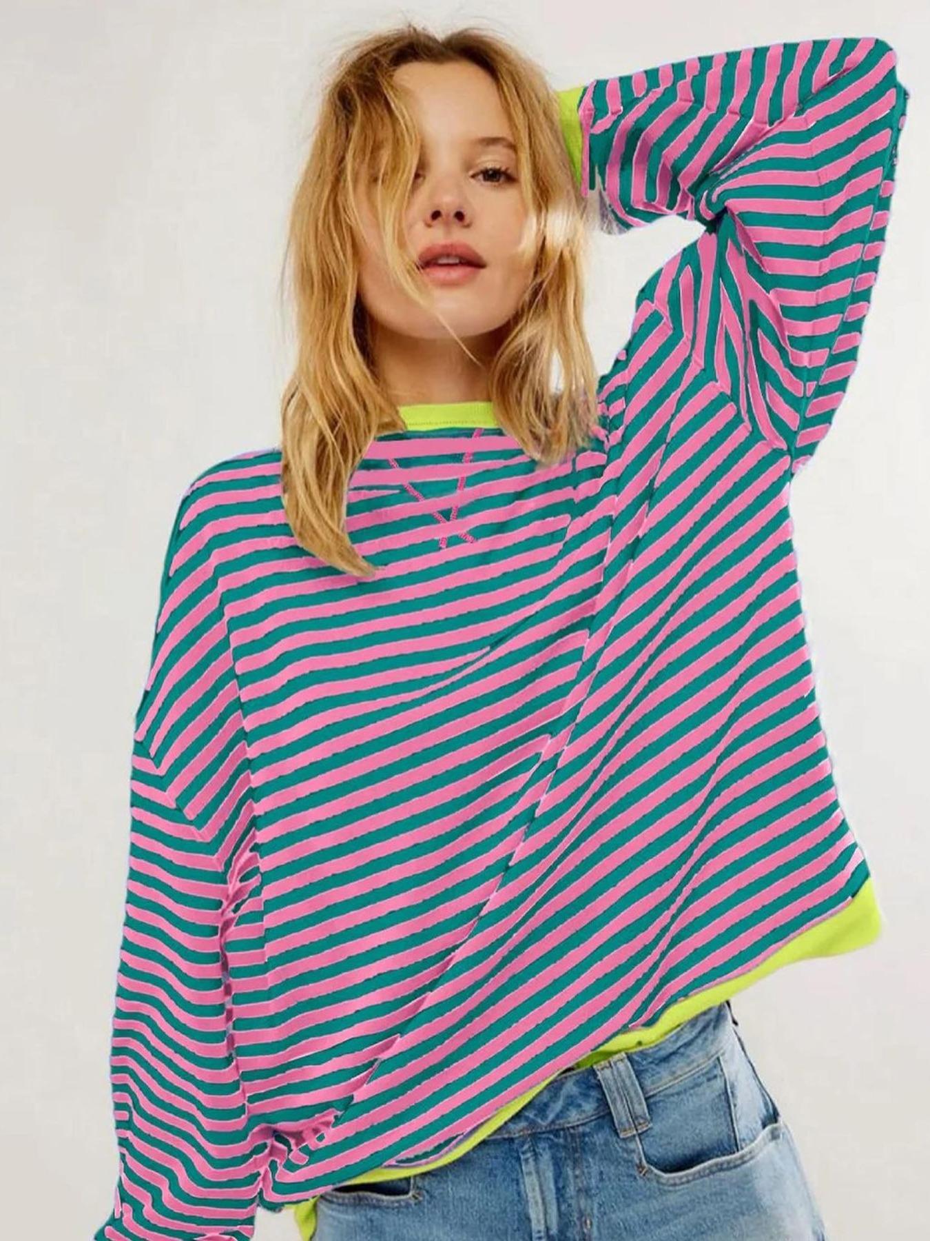 Women's Loose-Fit Casual Colorblock Striped Long Sleeve Pullover Hoodie, Fashionable All-Season Wear, Stylish Daily, Womenswear