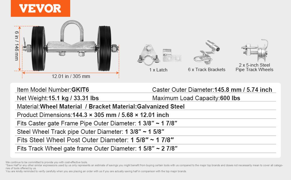VEVOR Sliding Gate Kit, 6 Rolling Gate Hardware Kit C-type, Wheel Carrier with Two 6 Wheels Support, Heavy Duty Sliding Gate Rollers for Connect Tracks Door Frames, Sliding Gate Guide Roller, 600 lbs