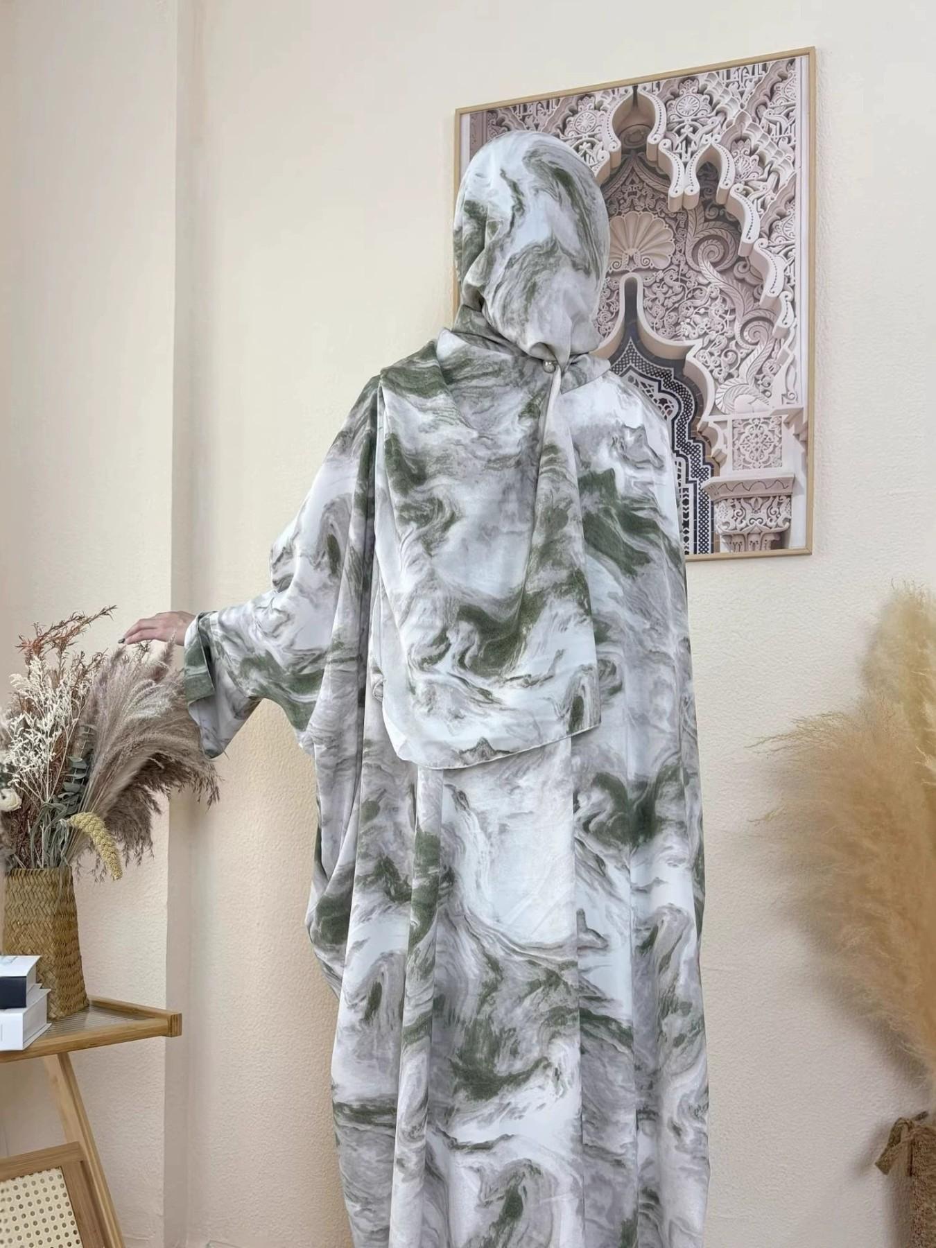Women's Marble Print Long Abaya, Loose Fit Islamic Fashion Cardigan, Casual Front Open Coat, No Headscarf Included