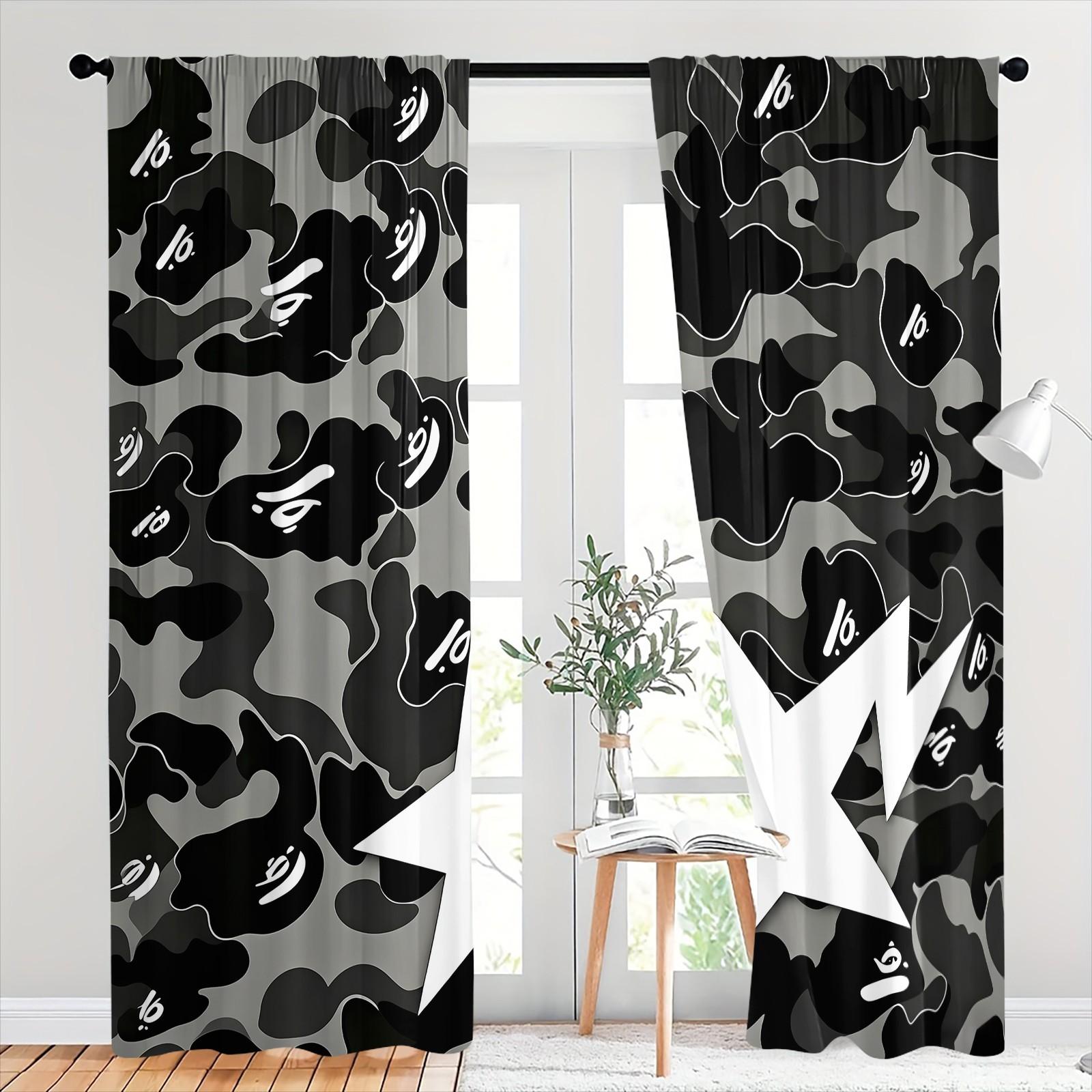Gray Black Camo Star Semi-Sheer Light Filtering Curtains, Curtain for windows, Privacy Protection Brushed Flannel Drapes, Streetwear Camouflage Print Non-Blackout Rod Pocket Panels, Window Decor for Living Room, Teens Bedroom