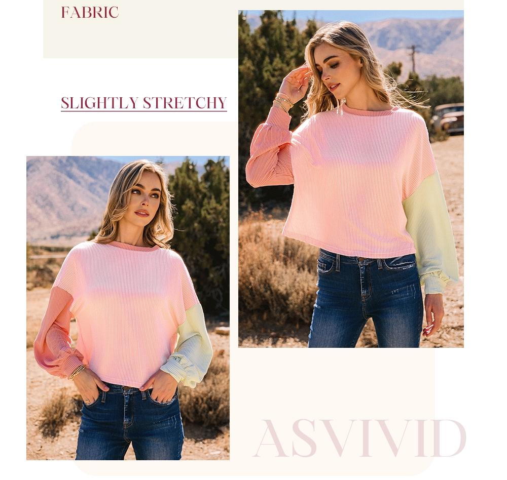 Women's Colorblock Twisted Ribbed Knit Dropped Shoulder Long Sleeve Cropped Sweatshirt, Casual Round Neck for Fall Winter, Ladies Daily Wear