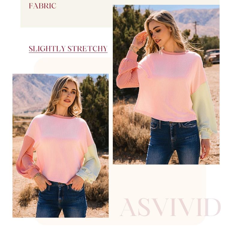 Women's Colorblock Twisted Ribbed Knit Dropped Shoulder Cropped Sweatshirt, Casual Round Neck for Fall Winter, Ladies Daily Wear, Casual Pullover Tops