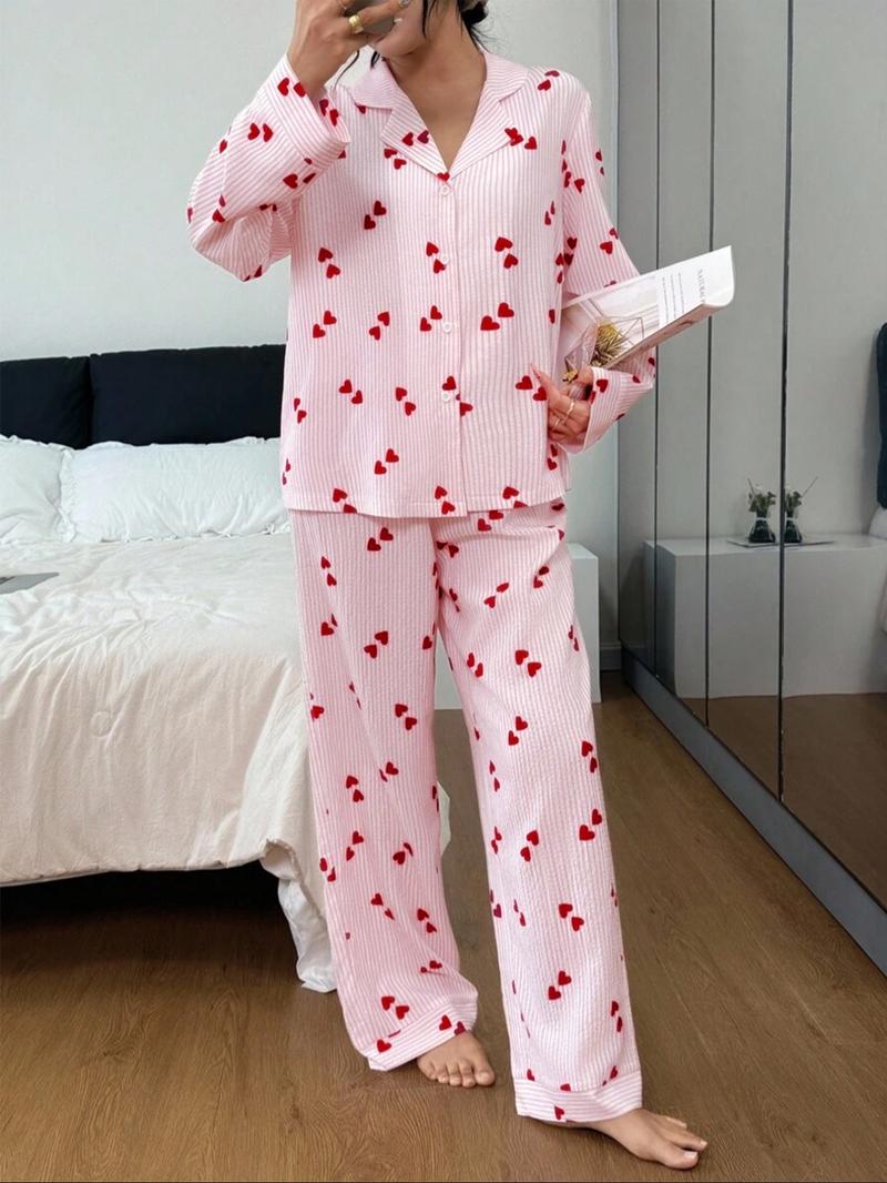 Women's Heart Stripe Print Button Front Shirt and Elastic Waist Pants Pajama Set, Cute Sleepwear for Spring & Fall, pjs