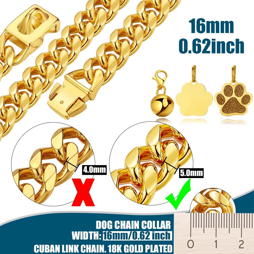 Cuban Link Dog Collar Gold Dog Collar 16mm Dog Chain Collars with Snap Buckle 18K Gold Miami Stainless Steel Metal Collars for Puppy Small Medium Large Dogs with Dog tag & Bell