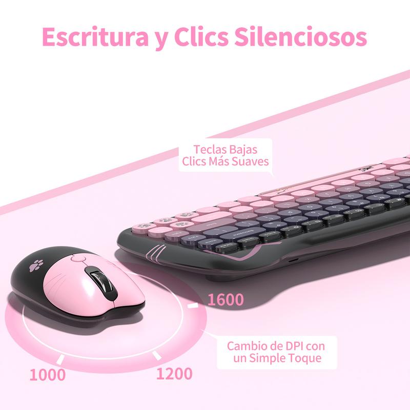 Mofii Pink Cat Keyboard and Mouse Combo, 2.4G Wireless Connection, Cute Aesthetic, Silent Office Use, Compact 2-Zone Keyboard, Universal for Desktops & Laptops, US QWERTY Layout (Batteries Not Included)