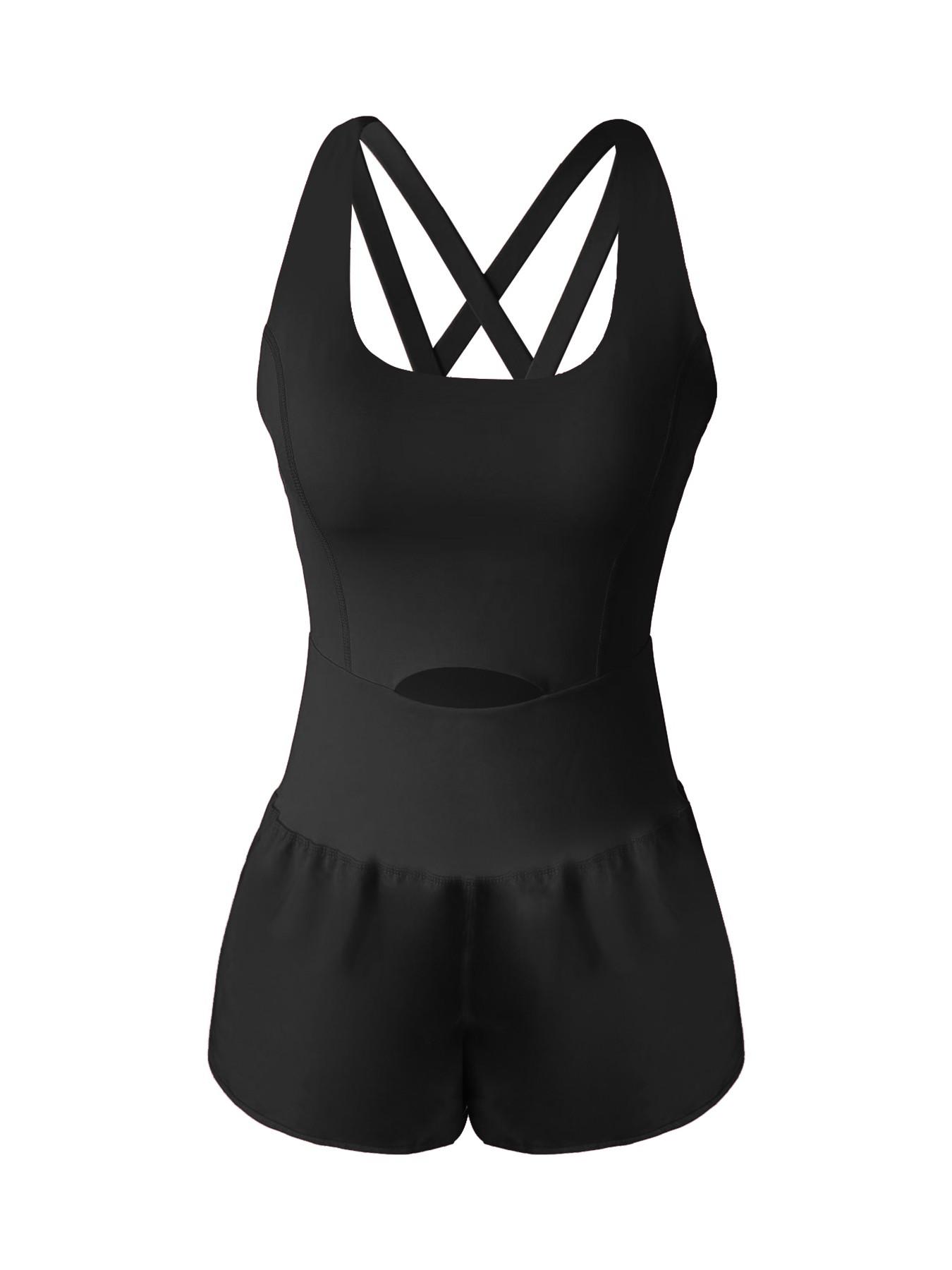 Women's Solid Color Cut Out Sports Romper, Sporty Romper, Casual Sleeveless Tank Romper, High Waisted Romper, Elastic Waist Romper, Workout Rompers, Exercise Rompers, Athletic Rompers for Yoga Gym Workout, Ladies Sportswear for All Seasons, Yoga Jumpsuits