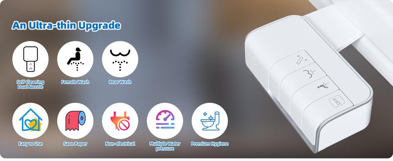 Hibbent Bidet Attachment for Toilet, Non-Electric Dual Nozzle for Frontal & Rear Wash, Adjustable Water Pressure Control, Fresh Water Bidet Toilet Seat, Self Cleaning Water Sprayer, White