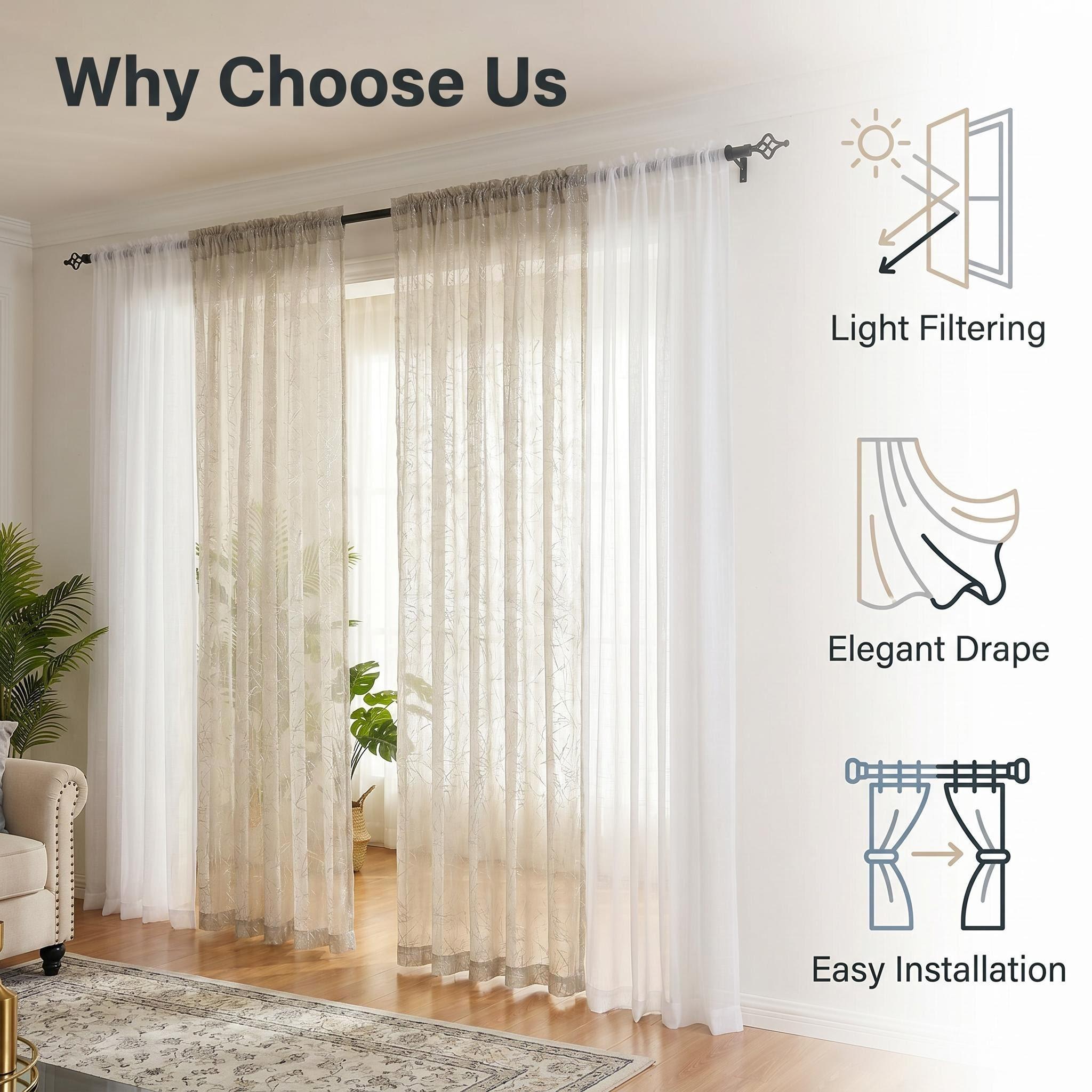 6-Panel Rod Pocket Window Drape Set (52"x84") - Durable, Dustproof, Breathable, Anti-Shrink, Fade-Resistant Flat Weave, 4 Foil Silver Metallic Sheers, 2 Linen Texture Chenille Semi-Sheers, Easy Installation, for Bedrooms/Living Rooms (FT5001 L39), Rust