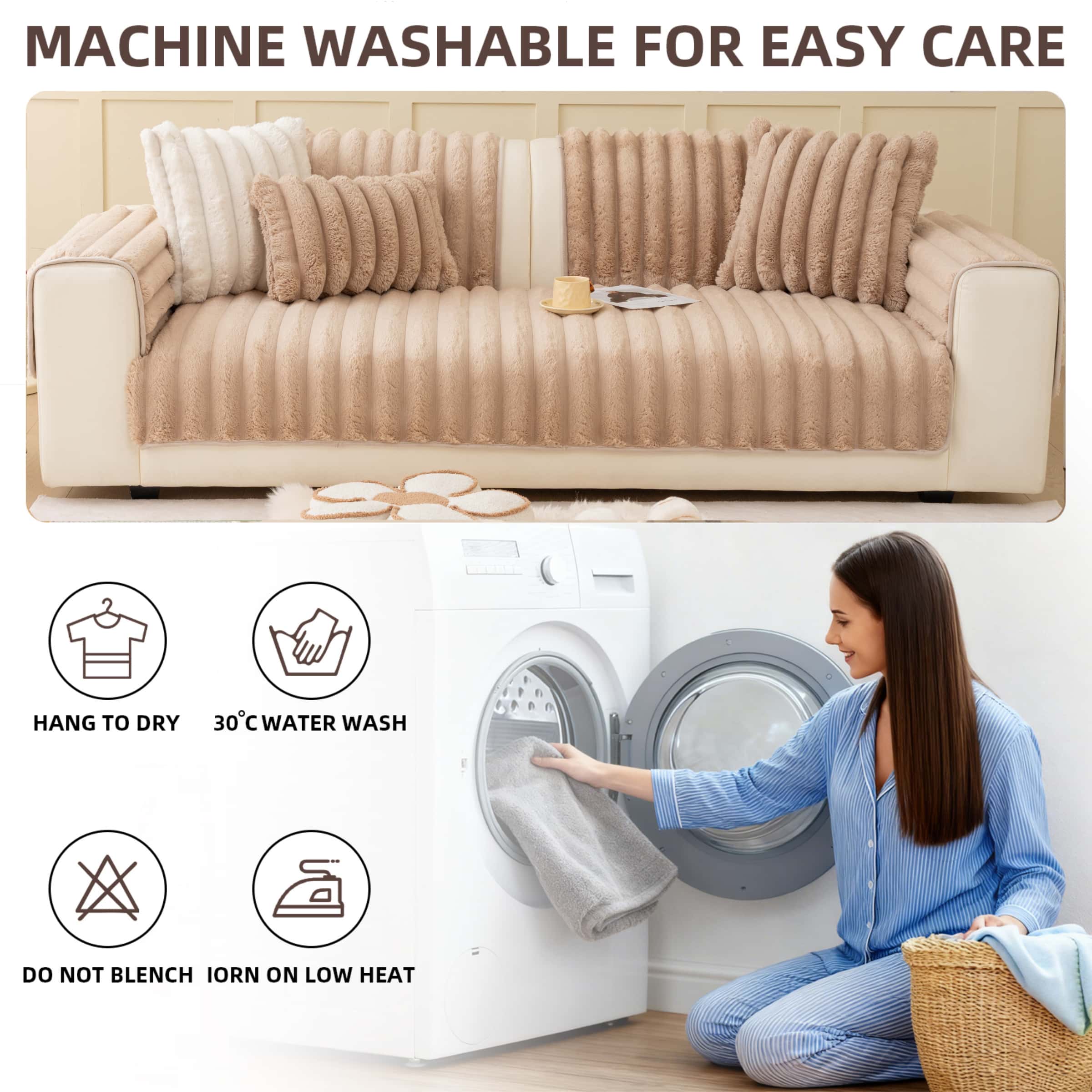 Solid Color Plush Sofa Cushion Cover, Sofa Slipcover, 1 Count Pet-friendly non-slip couch protector, soft & warm thick fleece, machine washable, anti-scratch cat/dog friendly throw, universal fit 1/2/3/4-seater & L-shape sectional