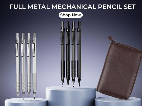Nicpro 45Pack Black & Silver Metal Mechanical Pencil Set in Leather Case, Art Drafting Pencil 0.5, 0.7, 0.9 mm, 2mm Lead Holders for Sketching Drawing With 27 Tube (6B 4B 2B HB 2H 4H Colors)Lead Refill